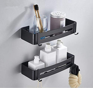 Plantex Bathroom Shelf for Wall/Space Aluminium Wall Mounted Shelf for Bathroom with Removable Hooks/Floating Shelf/Bathroom Organiser - 12x5 inches, Black (Pack of 1)