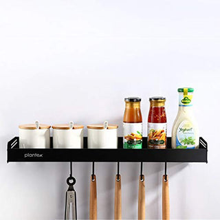 Plantex Multipurpose Aluminium Bathroom Shelf with Movable Hooks/Kitchen Shelf- Wall Mount (Black, Powder Coated)