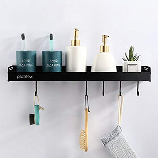 Plantex Multipurpose Aluminium Bathroom Shelf with Movable Hooks/Kitchen Shelf- Wall Mount (Black, Powder Coated)