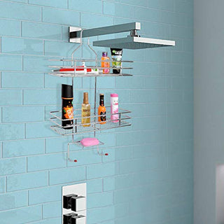 Plantex Shower Caddy for Bathroom Hanging/5in1 Stainless Steel Bathroom Shelf with Soap Holder and Hooks/Bathroom Organiser (Big Size-Square Shape-Chrome Finish)