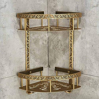 Plantex Antique Aluminum Double Tier Corner Antique Finish Bathroom Kitchen Shelf (Brass).