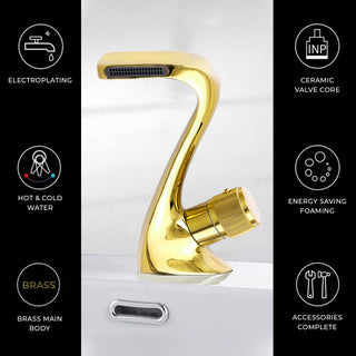 Plantex Designer Pure Brass Single Knob High Neck Hot & Cold Wash Basin Mixer/Kitchen Sink Tap (Gold)