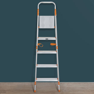 Plantex Secura 5 Steps Aluminium Ladder for Home/Foldable Ladder with Support Hand Rail (Orange-Silver)