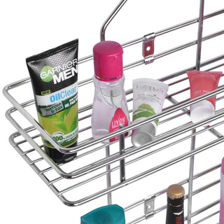 Plantex Shower Caddy for Bathroom Hanging/5in1 Stainless Steel Bathroom Shelf with Soap Holder and Hooks/Bathroom Organiser (Big Size-Square Shape-Chrome Finish)