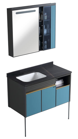 Plantex Aluminum Bathroom Vanity Cabinet Set/LED Light Glass Mirror Cabinet/Ceramic Basin for Bathroom - Pack of 1 (APS-1105-90 - Blue& Black)