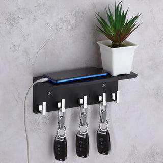 Plantex Stainless Steel Home Key Holder for Wall with Mobile Phone Stand/Key Stand/Multipurpose Key Holder/Shelf with 5 Key Hooks - Wall Mount (Black)