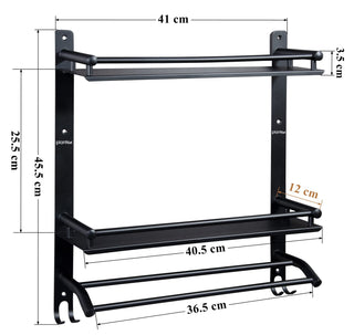 Plantex Rack for Bathroom Wall Mounted/Stainless Steel Bathroom Items with Hooks & Towel Hanger/Bathroom Fittings Accessories Set (3-Tier, Matt Black)