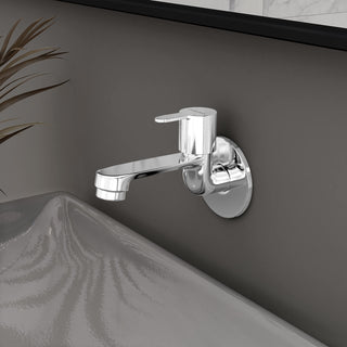 Plantex Pure Brass Single Lever Bibcock Water tap/Quarter Turn Basin tap with Brass Wall Flange & Teflon Tape/Wash Basin taps/Tap for wash Basin-(FLO-802-Mirror-Chrome)