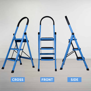 Plantex Premium Steel Foldable 3-Step Ladder for Home - Wide Anti Skid Step Ladder (Blue & Black)