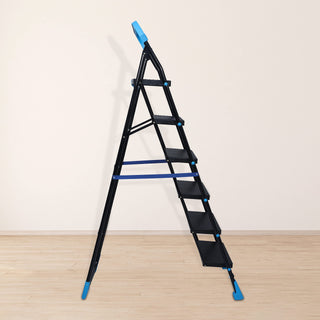 Plantex Stylo Heavy-Duty Mild-Steel Folding 6 Step Ladder for Home with Advanced Locking System/Wide Anti-Skid Step Ladder (Black & Blue)