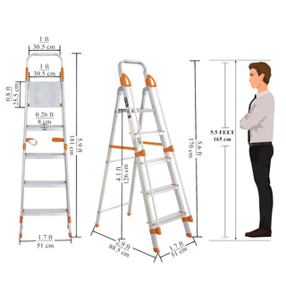 Plantex Secura 5 Steps Aluminium Ladder for Home/Foldable Ladder with Support Hand Rail (Orange-Silver)