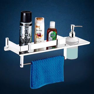 Plantex Stainless Steel 3in1 Multipurpose Bathroom Rack/Shelf with soap Dispenser and Towel Holder - Bathroom Accessories (15x6 Inches), Silver, Set of 1