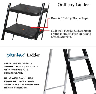 Plantex 4 Step Aluminium Folding Step Ladder with Wide Step for Home Use/Step Ladder-4 Step (Black-Silver)