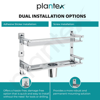 Plantex No Drill Bathroom Stand for Wall/5mm Thickened Stainless Steel Bathroom Shelf with Soap and Brush Holder/Hooks/Tumbler Holder/Bathroom Organiser (2-Tier, Chrome)