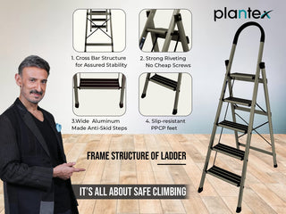 Plantex Ladder for Home-Foldable Aluminium 5 Step Ladder-Wide Anti Skid Steps (Anodize Coated-Gold)