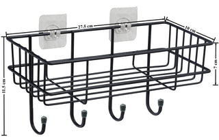 Plantex GI Steel Self-Adhesive Multipurpose Bathroom Shelf with Hooks/Towel Holder/Rack/Bathroom Accessories-Wall Mount - Pack of 1 (Black,Powder Coated)