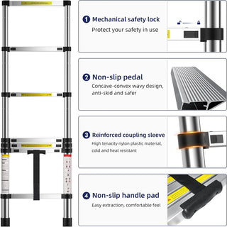 Plantex Ladder for Home (2.6 m/8.5 Feet) Stainless Steel Telescopic Ladder/Extendable Portable Steps and Compact Design (EN131 Certified)