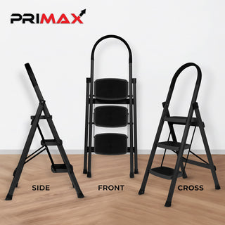 Primax 3-Step Ladder for Home | Wide Anti Skid Step Foldable Ladder | Multipurpose Heavy-Duty Ladder (Black)