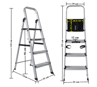 Plantex Big Foot 4 Steps Ladder for Home/Fully Aluminium Folding Ladder/Wide Anti-Skid Steps (Black-Silver)