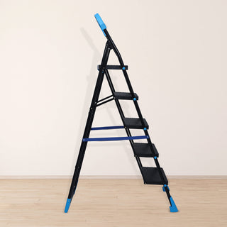 Plantex Heavy-Duty Mild Steel Stylo Folding 5 Step Ladder for Home with Advanced Locking System - 5 Wide Step Ladder(Black & Blue)