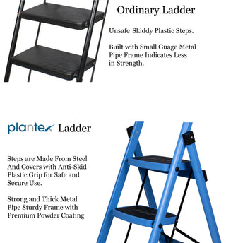 Plantex Premium Steel Foldable 3-Step Ladder for Home - Wide Anti Skid Step Ladder (Blue & Black)