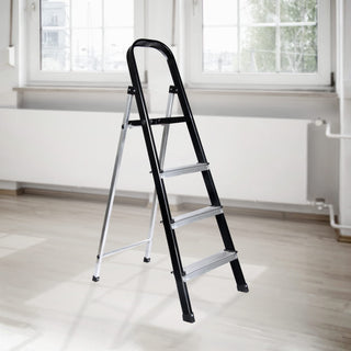 Plantex 4 Step Aluminium Folding Step Ladder with Wide Step for Home Use/Step Ladder-4 Step (Black-Silver)