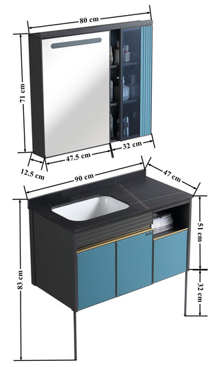 Plantex Aluminum Bathroom Vanity Cabinet Set/LED Light Glass Mirror Cabinet/Ceramic Basin for Bathroom - Pack of 1 (APS-1105-90 - Blue& Black)