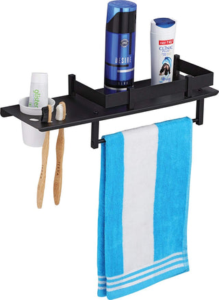 Plantex Stainless Steel 3in1 Multipurpose Bathroom Shelf/Rack/Towel Hanger/Tumbler Holder/Bathroom Accessories (15 x 6 Inches-Matt Black)