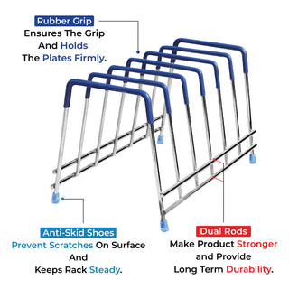 Plantex Stainless Steel Thali Stand/Plate Fixer/Dish Stand/Plate Holder/Plate Stand/Lid Organizer for Kitchen Wardrobe(6 Plates - Chrome)