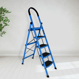 Plantex Premium Steel Foldable 5-Step Ladder for Home - Wide Anti Skid Step Ladder (Blue & Black)