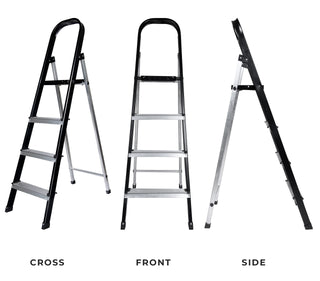 Plantex 4 Step Aluminium Folding Step Ladder with Wide Step for Home Use/Step Ladder-4 Step (Black-Silver)