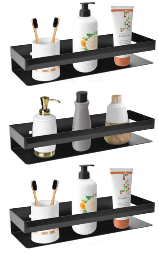 Plantex Bathroom Stand for Wall Metal/Wall Mounted Shelf for Bathroom/Kitchen/Living Room with Railings/Bathroom Accessories Holder - 14x5 inches, Black (Pack of 3)