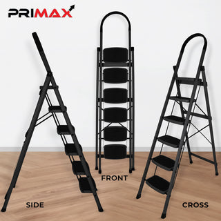 Primax 6-Step Ladder for Home | Wide Anti Skid Step Ladder - Strong Wide Steps Ladder | 5 Year Manufacturer Warranty (Black)