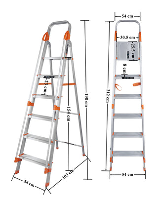 Plantex Secura Ladder for Home-Aluminium Foldable 6 Step Ladder with Safe Hand Rail (Orange-Silver)