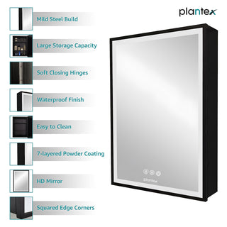 Plantex Bathroom Mirror Cabinet with Bluetooth and Led Lights/Heavy Duty Steel Bathroom Organizer Cabinet/Bathroom Accessories (Black, 20X28 Inches)