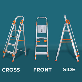 Plantex Secura 4 Steps Ladder for Home/Aluminium Foldable Ladder with Safe Hand Rail (Orange-Silver)