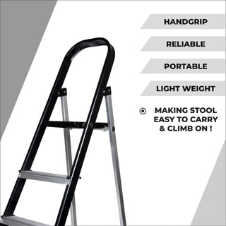 Plantex 4 Step Aluminium Folding Step Ladder with Wide Step for Home Use/Step Ladder-4 Step (Black-Silver)