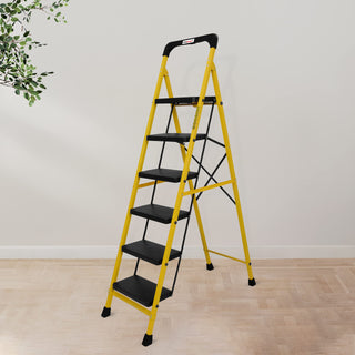 Primax Heavy-Duty GI-Steel Ladder Safety-Clutch Lock and Tool Tray/Step Ladder for Home - 6 Step (Squaro-Black&Yellow)