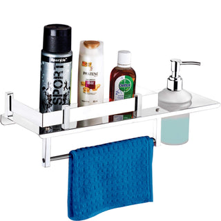 Plantex Stainless Steel 3in1 Multipurpose Bathroom Rack/Shelf with soap Dispenser and Towel Holder - Bathroom Accessories (15x6 Inches), Silver, Set of 1