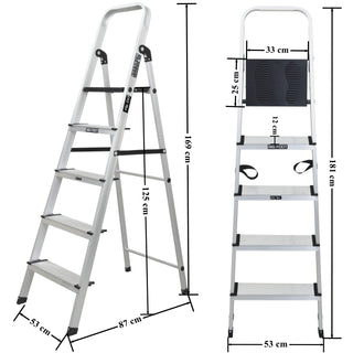 Plantex Big Foot - Widest Steps - Fully Aluminium Folding 5 Step Ladder for Home - 5 Wide Step Ladder (Black-Silver)