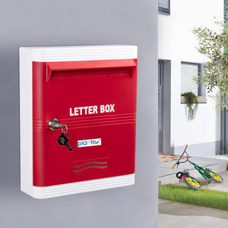 Plantex Durable Plastic Letter Box - Mail Box/Suggestion Box/Complaint Box/Mail Box/Letter Box for Home gate with Key Lock - (Red & White), Wall Mounted