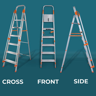 Plantex Secura Ladder for Home-Aluminium Foldable 6 Step Ladder with Safe Hand Rail (Orange-Silver)