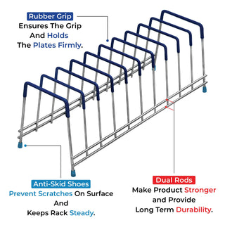 Plantex Stainless Steel Dish Stand with Rubber Grip/Plate Holder Stand for Kitchen/Thali Rack/Plates Organiser for Kitchen Cabinet/Thali Stand for Kitchen/Plates Organiser/Plate Stand (Chrome)