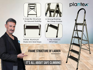 Plantex Ladder for Home-Foldable Aluminium 6 Step Ladder-Wide Anti Skid Steps (Anodize Coated-Gold)