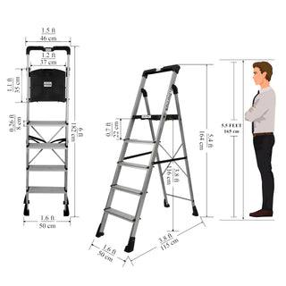 Plantex Thor Aluminium 6 Steps Ladder for Home with Advanced Locking System/Wide Anti-Skid Steps/Foldable Step Ladder with Tool Tray(Silver & Black)