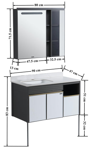 Plantex Aluminum Bathroom Vanity Cabinet Set/LED Light Glass Mirror Cabinet/Ceramic Basin for Bathroom - Pack of 1 (White & Black)