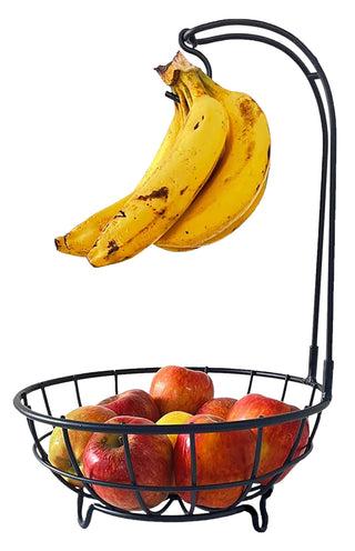 Plantex Heavy Steel Fruit & Vegetable Basket Bowl with Removable Banana Hanger for Dining Table/Kitchen - Countertop (Black)