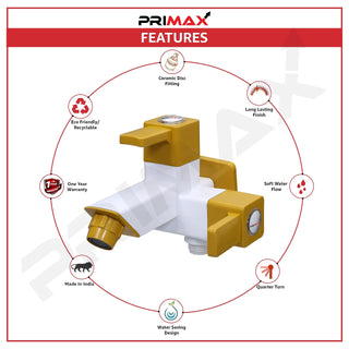 Plantex PTMT EDS-127 Two-way Bibcock Water Tap with Plastic Wall Flange & Teflon Tape/ 2-way Angle Valve with Attachment for Health Faucet (Yellow & White)