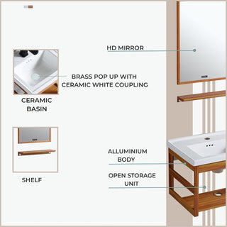 Plantex Aluminum Bathroom Vanity Cabinet Set with Sink/Mirror & Ceramic Basin for Bathroom – (Brown)