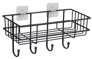 Plantex GI Steel Self-Adhesive Multipurpose Bathroom Shelf with Hooks/Towel Holder/Rack/Bathroom Accessories-Wall Mount - Pack of 1 (Black,Powder Coated)